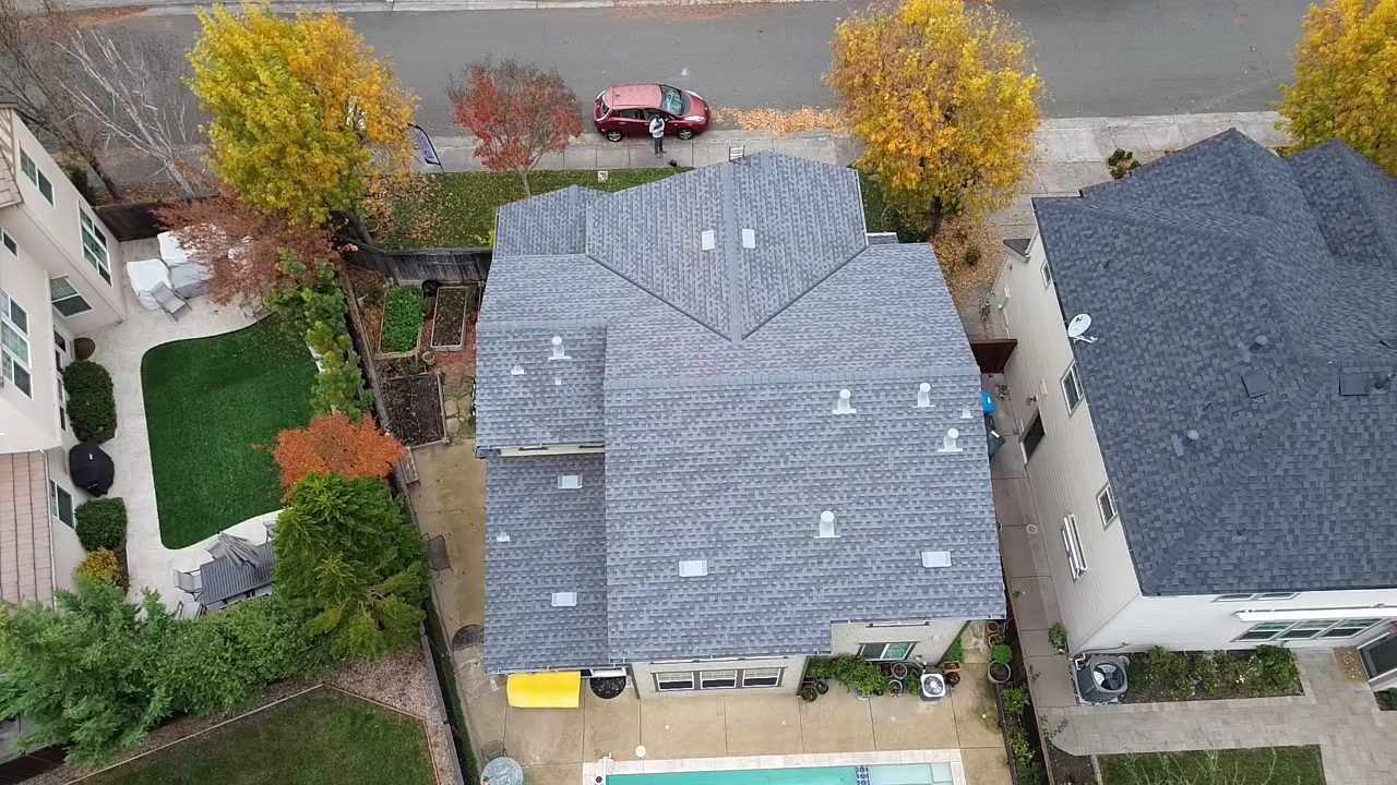 Aerial view of a completed shingle roof in Clayton, California