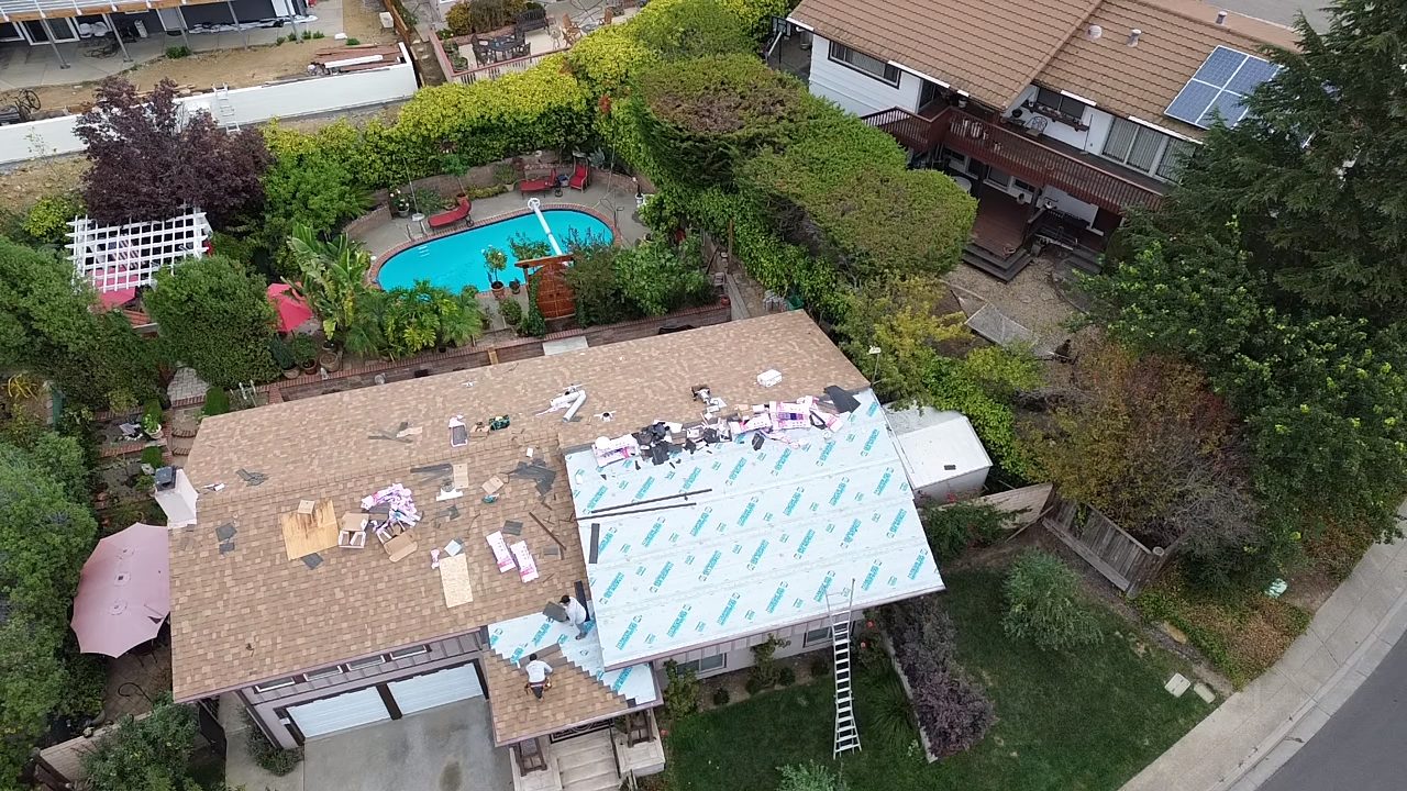 Aerial view of a completed roof in Walnut Creek, California