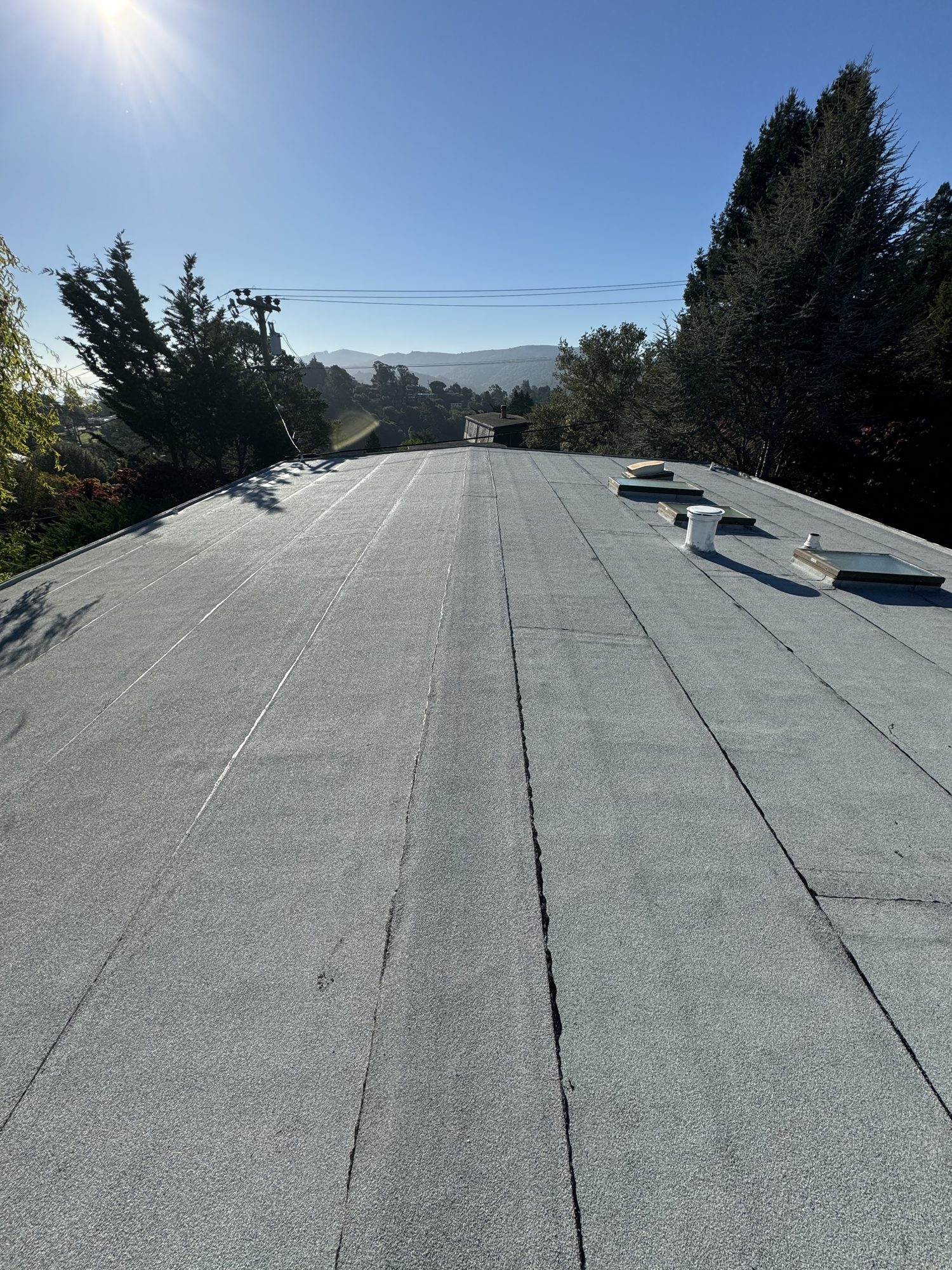 Finished flat roof with sealed seams and roof penetrations in San Jose