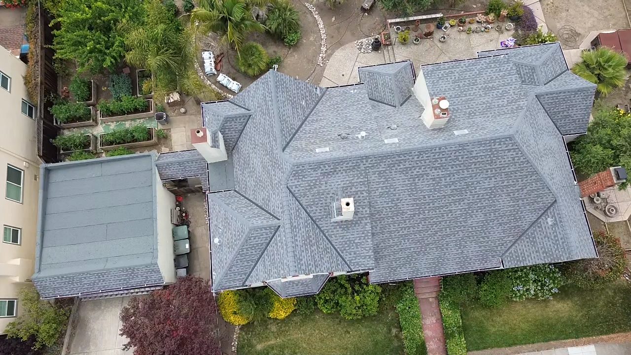 Aerial view of a complex shingle roof in Lafayette, California
