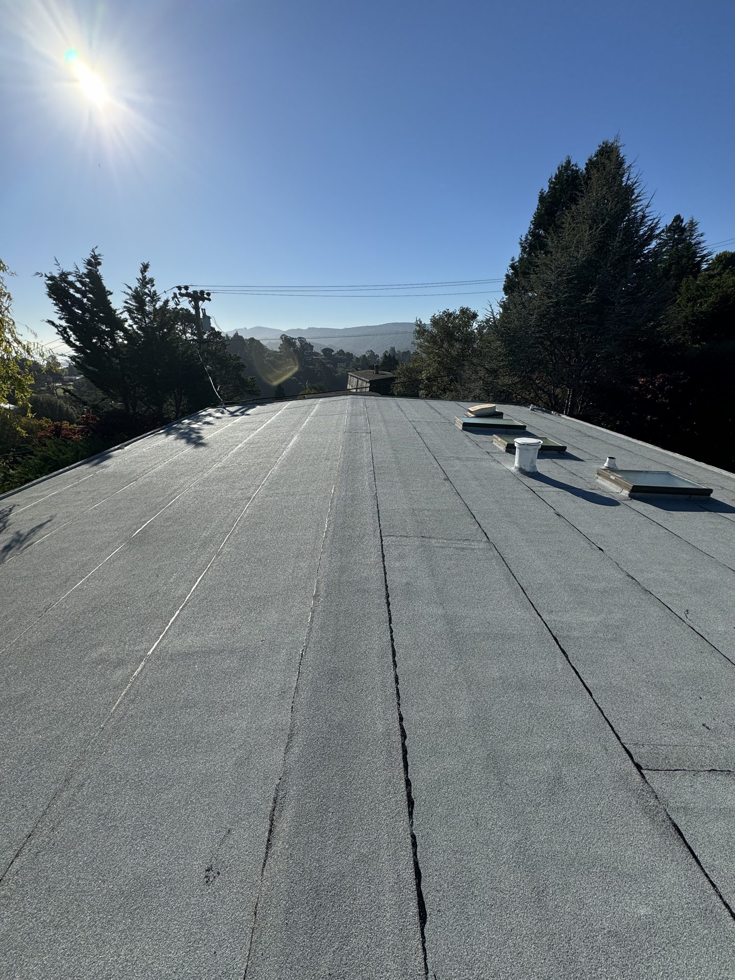 Completed flat roof surface with clean seams on a San Jose building