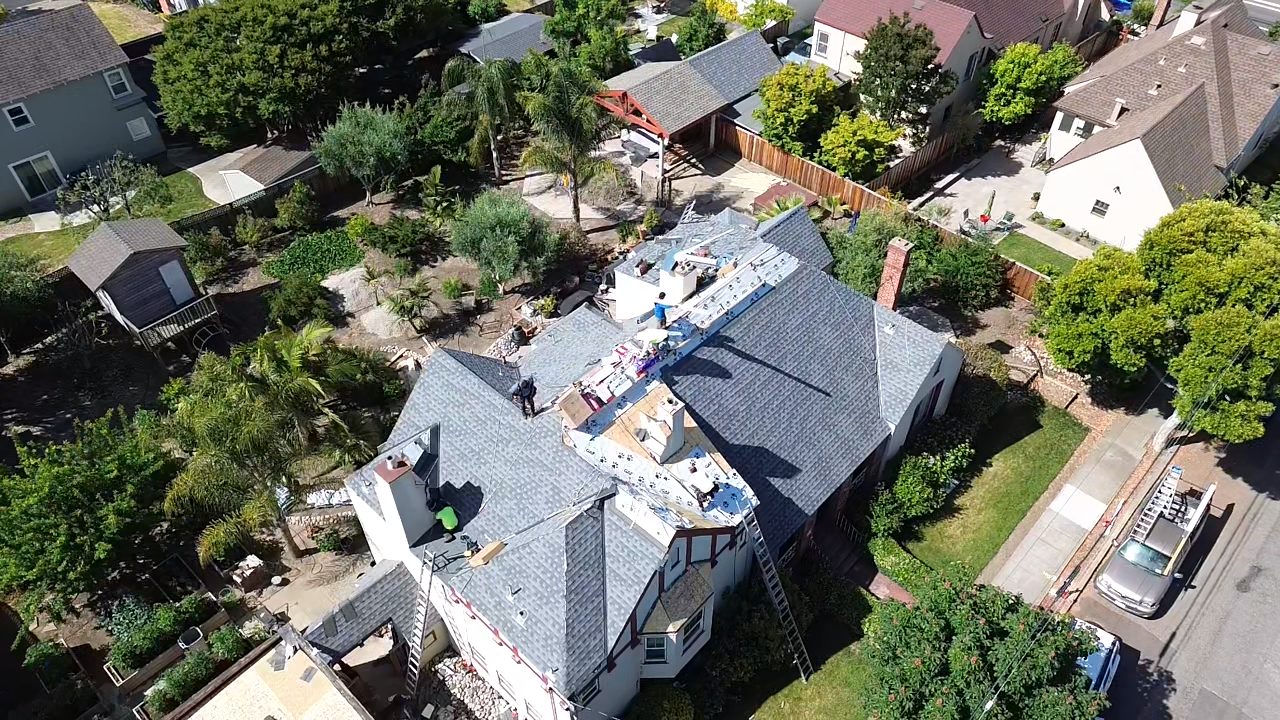 Aerial view of a Lafayette roof mid-project