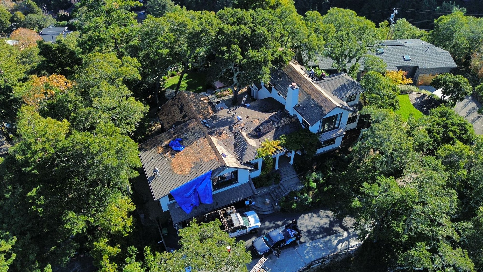 Aerial view of a large residential roof in Pleasant Hill, California